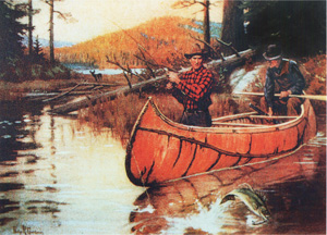 [2 canoe fishermen, one camper on shore]